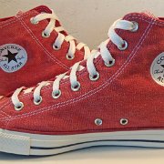 2017 Red Stonewashed High Top Chucks  Inside patch views of 2011 red stonewashed canvas high tops.